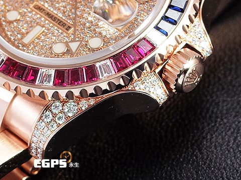 ROLEX 勞力士 GMT-MASTER II 格林威治型 18K永恆玫瑰金材質 126755SARU-PAVE DIAL 原鑲藍紅寶石錶圈 兩地時區 頂級百事圈!稀有夢幻收藏款!原鑲滿天星鑽石面盤 2021年單 新式綠卡 自動上鏈 40mm