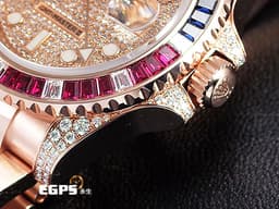 ROLEX 勞力士 GMT-MASTER II 格林威治型 18K永恆玫瑰金材質 126755SARU-PAVE DIAL <font color="#fa00fa">原鑲藍紅寶石錶圈</font> 兩地時區 <font color="#05f0f0">頂級百事圈!稀有夢幻收藏款!原鑲滿天星鑽石面盤 </font><font color="#FF0000">2021年單 新式綠卡</font> 自動上鏈 40mm