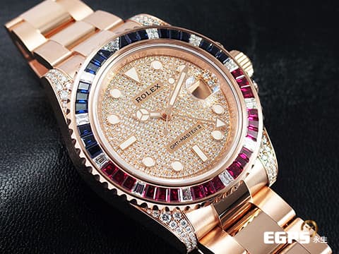 ROLEX 勞力士 GMT-MASTER II 格林威治型 18K永恆玫瑰金材質 126755SARU-PAVE DIAL 原鑲藍紅寶石錶圈 兩地時區 頂級百事圈!稀有夢幻收藏款!原鑲滿天星鑽石面盤 2021年單 新式綠卡 自動上鏈 40mm