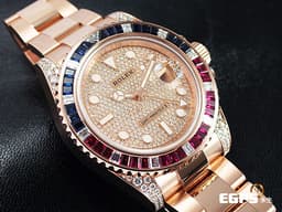 ROLEX 勞力士 GMT-MASTER II 格林威治型 18K永恆玫瑰金材質 126755SARU-PAVE DIAL <font color="#fa00fa">原鑲藍紅寶石錶圈</font> 兩地時區 <font color="#05f0f0">頂級百事圈!稀有夢幻收藏款!原鑲滿天星鑽石面盤 </font><font color="#FF0000">2021年單 新式綠卡</font> 自動上鏈 40mm