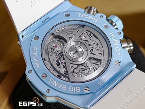 Hublot 宇舶 Big Bang Unico 大爆炸 Sky Blue Camo 天藍迷彩 藍陶瓷 鏤空面盤 421.EX.0190.RX.JCAM 三日鍊 飛返 計時碼錶 限量100只 2023年電子保單 自動上鍊 44mm