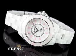 CHANEL 香奈兒 J12 H6755 白陶瓷 <font color="#FFC0CB">Pink Blush 粉紅色時標 限量1200只 </font> 經典 大三針 專利不鏽鋼蝴蝶扣 <font color="#FF0000">2022年台灣公司貨</font> 石英腕錶 33mm