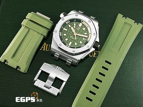 Audemars Piguet 愛彼 AP錶 Royal Oak Offshore Diver 皇家橡樹 離岸型 15720ST.OO.A052CA.01 軍綠色「Méga Tapisserie」超大型格紋面盤 ROO 不鏽鋼 潛水錶 2024年保單 最新錶帶快拆系統 15720 ST 自動上鍊 42mm