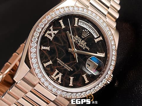 ROLEX 勞力士 Day-Date 36 蠔式 星期日曆型 128345RBR 永恆玫瑰金 DD36 赤鐵石英面盤【熔岩巧克力】 產量最稀少的DD,原鑲羅馬數字VI&XI&柱狀時標、原鑲鑽石錶圈 2022年保卡 自動上鍊 36mm