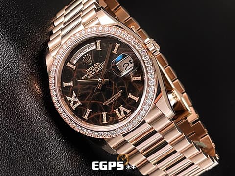 ROLEX 勞力士 Day-Date 36 蠔式 星期日曆型 128345RBR 永恆玫瑰金 DD36 赤鐵石英面盤【熔岩巧克力】 產量最稀少的DD,原鑲羅馬數字VI&XI&柱狀時標、原鑲鑽石錶圈 2022年保卡 自動上鍊 36mm