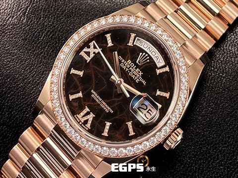 ROLEX 勞力士 Day-Date 36 蠔式 星期日曆型 128345RBR 永恆玫瑰金 DD36 赤鐵石英面盤【熔岩巧克力】 產量最稀少的DD,原鑲羅馬數字VI&XI&柱狀時標、原鑲鑽石錶圈 2022年保卡 自動上鍊 36mm