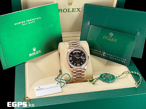 ROLEX 勞力士 Day-Date 36 蠔式 星期日曆型 128345RBR 永恆玫瑰金 DD36 赤鐵石英面盤【熔岩巧克力】 產量最稀少的DD,原鑲羅馬數字VI&XI&柱狀時標、原鑲鑽石錶圈 2022年保卡 自動上鍊 36mm