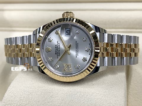 ROLEX 勞力士 Lady Date-Just 279173 18K黃金材質 半金款 原廠鑲嵌星型鑽石時標 銀白色太陽紋面盤 2025年保卡 蠔式女錶 28mm