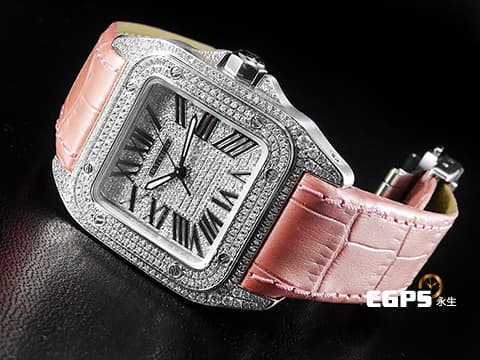 CARTIER 卡地亞 Santos 100 山度士 中型 精鑲滿天星鑽石面盤、鑲鑽錶圈 粉色客製化皮革錶帶 自動上鍊 36mm