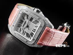 CARTIER 卡地亞 Santos 100 山度士 中型 <font color="#05f0f0">精鑲滿天星鑽石面盤、鑲鑽錶圈</font> <font color="#f2cee7">粉色客製化皮革錶帶</font> 自動上鍊 36mm