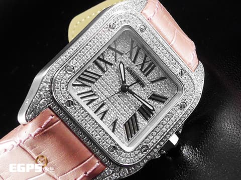 CARTIER 卡地亞 Santos 100 山度士 中型 精鑲滿天星鑽石面盤、鑲鑽錶圈 粉色客製化皮革錶帶 自動上鍊 36mm