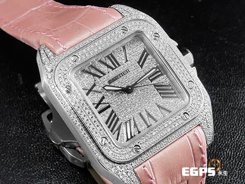 CARTIER 卡地亞 Santos 100 山度士 中型 精鑲滿天星鑽石面盤、鑲鑽錶圈 粉色客製化皮革錶帶 自動上鍊 36mm