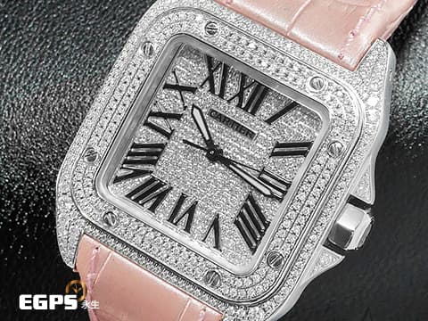 CARTIER 卡地亞 Santos 100 山度士 中型 精鑲滿天星鑽石面盤、鑲鑽錶圈 粉色客製化皮革錶帶 自動上鍊 36mm