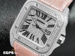 CARTIER 卡地亞 Santos 100 山度士 中型 <font color="#05f0f0">精鑲滿天星鑽石面盤、鑲鑽錶圈</font> <font color="#f2cee7">粉色客製化皮革錶帶</font> 自動上鍊 36mm