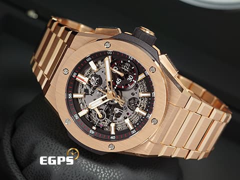 Hublot 宇舶 Big Bang Integrated King Gold 大爆炸 451.OX.1180.OX 王金材質 鏤空面盤 飛返 計時碼錶 2023年電子式保單 新錶訂價:1,830,000元 自動上鍊 42mm