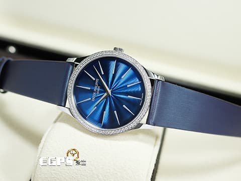 PATEK PHILIPPE 百達翡麗 PP錶 CALATRAVA 18K白金材質 4997/200G 午夜藍漆面浮雕圖案面盤 原鑲鑽錶 2025年保單 自動上鍊 PP印記 35mm