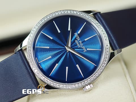 PATEK PHILIPPE 百達翡麗 PP錶 CALATRAVA 18K白金材質 4997/200G 午夜藍漆面浮雕圖案面盤 原鑲鑽錶 2025年保單 自動上鍊 PP印記 35mm