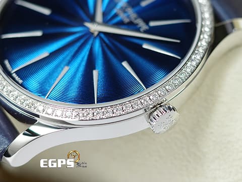 PATEK PHILIPPE 百達翡麗 PP錶 CALATRAVA 18K白金材質 4997/200G 午夜藍漆面浮雕圖案面盤 原鑲鑽錶 2025年保單 自動上鍊 PP印記 35mm