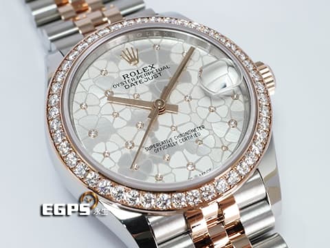 ROLEX 勞力士 Lady-Datejust 蠔式日誌型 278381RBR-0032 18玫瑰金半金款 停產絕版款 鑲鑽銀色花朵圖案面盤 紀念型(JUBILEE)錶帶 原廠鑲嵌鑽石錶圈 2023年新式保卡 蒐藏未使用品 自動上鍊 31mm