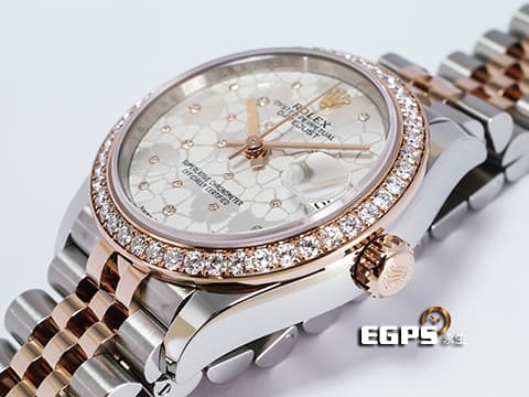 ROLEX 勞力士 Lady-Datejust 蠔式日誌型 278381RBR-0032 18玫瑰金半金款 停產絕版款 鑲鑽銀色花朵圖案面盤 紀念型(JUBILEE)錶帶 原廠鑲嵌鑽石錶圈 2023年新式保卡 蒐藏未使用品 自動上鍊 31mm