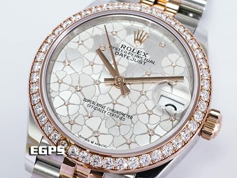 ROLEX 勞力士 Lady-Datejust 蠔式日誌型 278381RBR-0032 18玫瑰金半金款 停產絕版款 鑲鑽銀色花朵圖案面盤 紀念型(JUBILEE)錶帶 原廠鑲嵌鑽石錶圈 2023年新式保卡 蒐藏未使用品 自動上鍊 31mm
