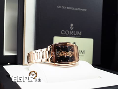 CORUM 崑崙 Golden Bridge 金橋 113.150.55/V100 FN02 中型 18K玫瑰金材質 錶壇傳奇長方直線形金橋雕花機芯 限量600只 整支重約4.8兩 新錶參考訂價:2,270,000元 手動上鏈 31x51mm
