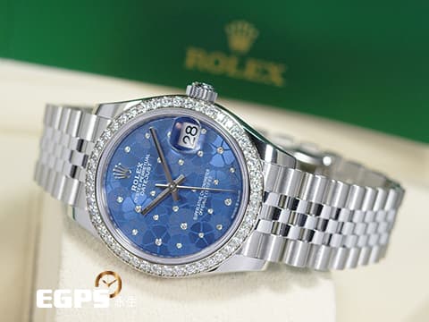 ROLEX 勞力士 Datejust 31 經典 蠔式日誌型 278384 天藍色花朵圖案面盤 DJ31 原廠鑲鑽錶圈 2025年保卡 紀念型(JUBILEE)五銖錶帶 自動上鍊 31mm