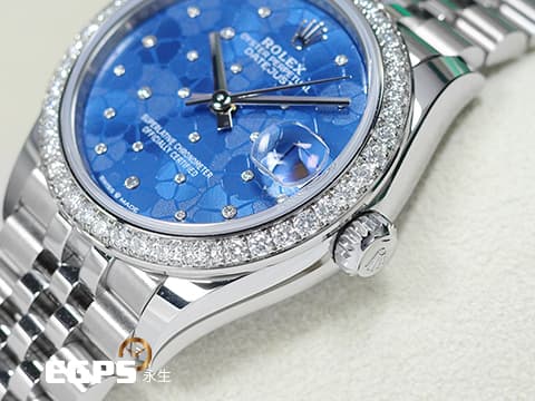ROLEX 勞力士 Datejust 31 經典 蠔式日誌型 278384 天藍色花朵圖案面盤 DJ31 原廠鑲鑽錶圈 2025年保卡 紀念型(JUBILEE)五銖錶帶 自動上鍊 31mm