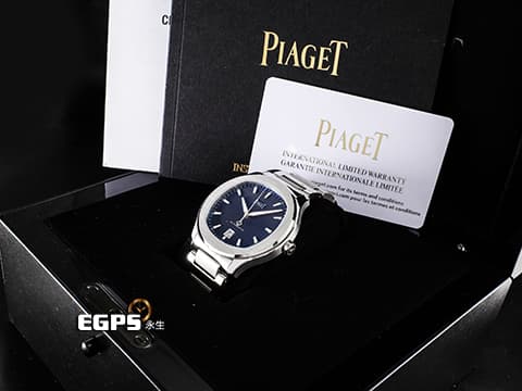 PIAGET 伯爵 Polo Date系列 G0A41002 枕型 藍色橫條紋雕紋面盤 大三針 不鏽鋼材質 2025年保卡 自動上鍊 42mm