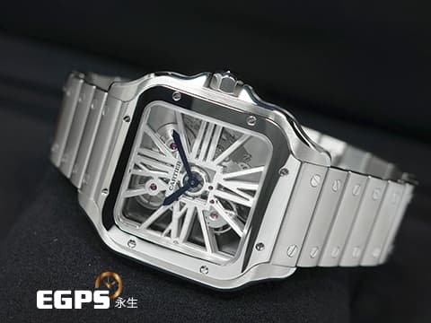 CARTIER 卡地亞 SANTOS DE CARTIER 山度士 WHSA0015 大型款 不鏽鋼材質 鏤空腕錶 快拆式錶帶、另附鱷魚皮錶帶組 2025年保卡 新錶參考訂價:1,030,000元 手動上鍊 39.8mm