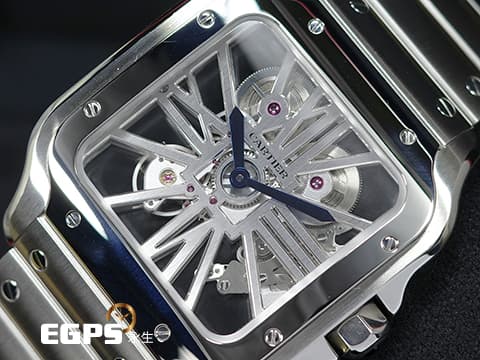 CARTIER 卡地亞 SANTOS DE CARTIER 山度士 WHSA0015 大型款 不鏽鋼材質 鏤空腕錶 快拆式錶帶、另附鱷魚皮錶帶組 2025年保卡 新錶參考訂價:1,030,000元 手動上鍊 39.8mm