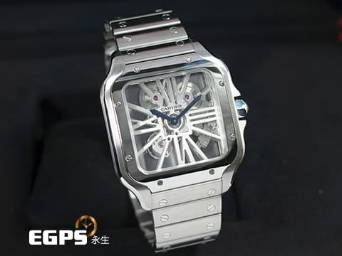 CARTIER 卡地亞 SANTOS DE CARTIER 山度士 WHSA0015 大型款 不鏽鋼材質 鏤空腕錶 快拆式錶帶、另附鱷魚皮錶帶組 2025年保卡 新錶參考訂價:1,030,000元 手動上鍊 39.8mm