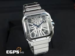 CARTIER 卡地亞 SANTOS DE CARTIER 山度士 WHSA0015 大型款 不鏽鋼材質 鏤空腕錶 <font color="#05f0f0">快拆式錶帶、另附鱷魚皮錶帶組</font> <font color="#ff0000">2025年保卡 新錶參考訂價:1,030,000元</font> 手動上鍊 39.8mm