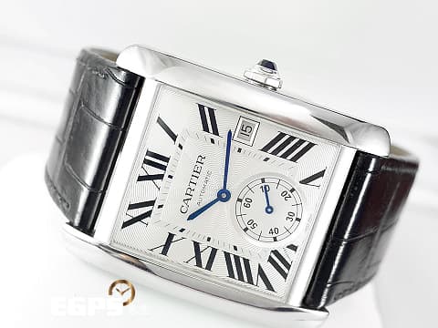 CARTIER 卡地亞 Tank MC Large 坦克 W5330003 大型款 經典 銀白色雕紋面盤 藍鋼指針 鑲嵌藍色尖晶石錶冠 不鏽鋼 小秒針 自動上鍊 43.9 x 34.3mm