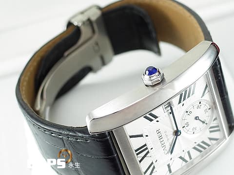 CARTIER 卡地亞 Tank MC Large 坦克 W5330003 大型款 經典 銀白色雕紋面盤 藍鋼指針 鑲嵌藍色尖晶石錶冠 不鏽鋼 小秒針 自動上鍊 43.9 x 34.3mm