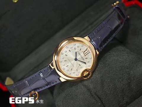 CARTIER 卡地亞 BALLON BLEU 藍氣球 WGBB0053 18K玫瑰金材質 藍氣球 啞光鍍銀陽光射線壓紋錶盤鑲嵌21顆鑽石(共重0.10克拉) 2024年保卡 自動上鍊 36mm