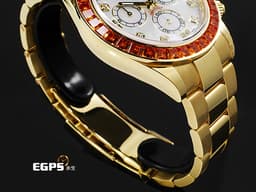 ROLEX 勞力士 Daytona 迪通拿 116578SACO 18K黃金材質<font color="#05f0f0"> </font><font color="#f4cfa4">停產款 白色珍珠貝母面盤 原廠鑲嵌橘色寶石錶圈 鑽石時標</font> <font color="#FF0000">2019年保卡 </font>自動上鍊 40mm