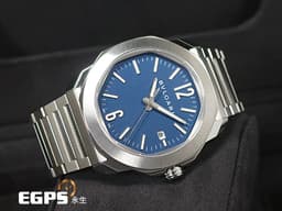 BVLGARI 寶格麗 Bulgari Octo Roma系列 103739 <font color="#4169e1">八角形多稜角設計錶圈 藍色巴黎釘紋面盤 </font> 大三針 不鏽鋼 <font color="#FF0000">2025年保單 快拆錶帶系統 附原廠橡膠錶帶</font> 自動上鍊 41mm