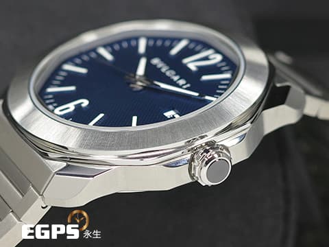 BVLGARI 寶格麗 Bulgari Octo Roma系列 103739 八角形多稜角設計錶圈 藍色巴黎釘紋面盤 大三針 不鏽鋼 2025年保單 快拆錶帶系統 附原廠橡膠錶帶 自動上鍊 41mm