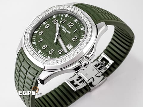 Patek Philippe 百達翡麗 PP錶 Aquanaut 5267 海底探險家 5267/200A-011 不鏽鋼材質 橡膠錶帶款 原廠鑲嵌鑽石錶圈(48顆鑽石:約1.11克拉) 2026年保單 卡其綠面盤、橡膠錶帶 石英機芯 38.8mm