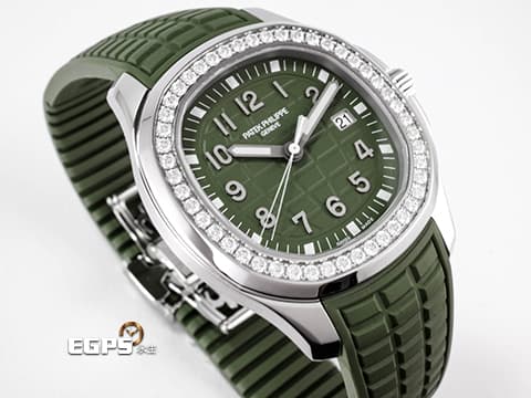 Patek Philippe 百達翡麗 PP錶 Aquanaut 5267 海底探險家 5267/200A-011 不鏽鋼材質 橡膠錶帶款 原廠鑲嵌鑽石錶圈(48顆鑽石:約1.11克拉) 2026年保單 卡其綠面盤、橡膠錶帶 石英機芯 38.8mm