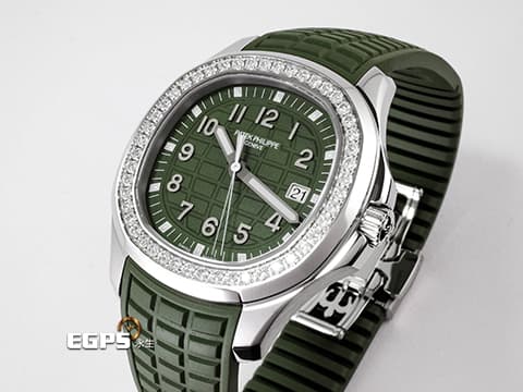 Patek Philippe 百達翡麗 PP錶 Aquanaut 5267 海底探險家 5267/200A-011 不鏽鋼材質 橡膠錶帶款 原廠鑲嵌鑽石錶圈(48顆鑽石:約1.11克拉) 2026年保單 卡其綠面盤、橡膠錶帶 石英機芯 38.8mm