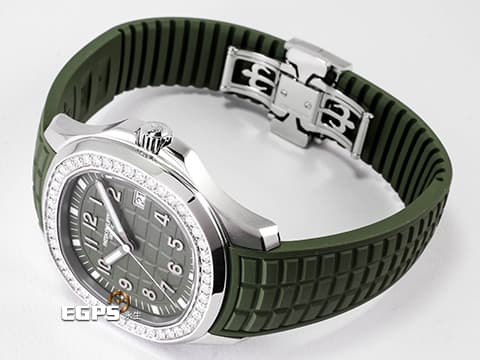 Patek Philippe 百達翡麗 PP錶 Aquanaut 5267 海底探險家 5267/200A-011 不鏽鋼材質 橡膠錶帶款 原廠鑲嵌鑽石錶圈(48顆鑽石:約1.11克拉) 2026年保單 卡其綠面盤、橡膠錶帶 石英機芯 38.8mm