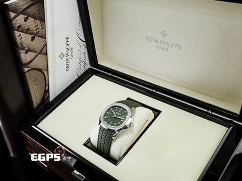Patek Philippe 百達翡麗 PP錶 Aquanaut 5267 海底探險家 5267/200A-011 不鏽鋼材質 橡膠錶帶款 原廠鑲嵌鑽石錶圈(48顆鑽石:約1.11克拉) 2026年保單 卡其綠面盤、橡膠錶帶 石英機芯 38.8mm