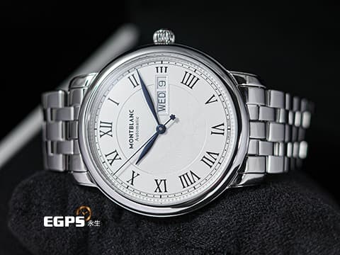 MONTBLANC 萬寶龍 Star Legacy Day Date 明星傳承系列 128687 銀白色放射星形扭索飾紋錶盤 藍鋼指針 不鏽鋼 星期日期顯示 大三針 2026年保單 自動上鍊 39mm