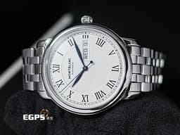 MONTBLANC 萬寶龍 Star Legacy Day Date 明星傳承系列 128687 銀白色放射星形扭索飾紋錶盤 <font color="#0c28b0">藍鋼指針</font> 不鏽鋼 星期日期顯示 大三針 <font color="#ff0000">2026年保單 </font>自動上鍊 39mm