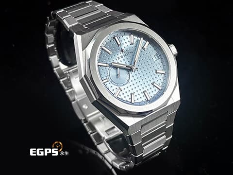 ZENITH 真力時 DEFY Skyline Ice Blue 碟飛系列 天際線 03.9300.3620 高振頻 冰藍色四芒星飾太陽紋面盤 專賣店限定款 1/10小秒針 不鏽鋼材質 2026年保卡 新式錶帶快拆設計 附原廠冰藍色橡膠錶帶 自動上鍊 41mm