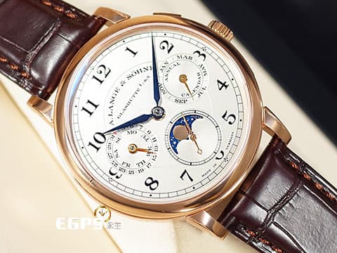 A.LANGE & SOHNE 朗格 1815 Annual Calendar 年曆腕錶 238.032 18K玫瑰金材質 銀白色面盤 藍鋼指針 星空般閃爍的月相顯示 2019年保單 手上鍊 40mm