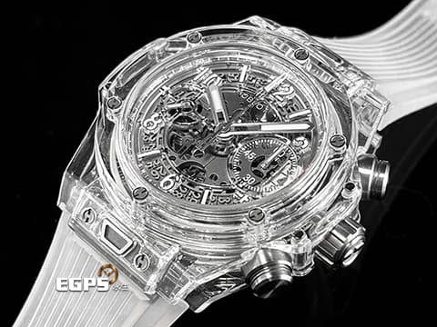 Hublot 宇舶 BIG BANG Unico 大爆炸 三日鍊 飛返計時碼錶 441.JX.4802.RT 拋光藍寶石水晶材質錶殼 原廠特殊水晶材質錶盒 鏤空面盤 2025年保單 限量500支 自動上鍊 42mm