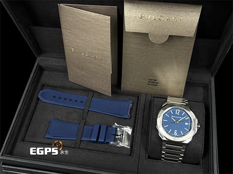 BVLGARI 寶格麗 Bulgari Octo Roma系列 103739 八角形多稜角設計錶圈 藍色巴黎釘紋面盤 大三針 不鏽鋼 2025年保單 快拆錶帶系統 附原廠橡膠錶帶 自動上鍊 41mm
